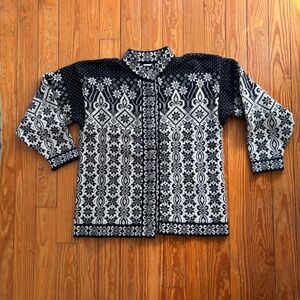 DALE of NORWAY Black/cream print button front cardigan wool sweater